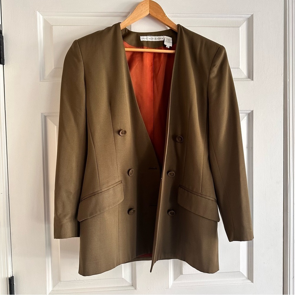 Vintage 90s Oversized Olive Green Wool Double Breasted Blazer Size 8 - Picture 4 of 9